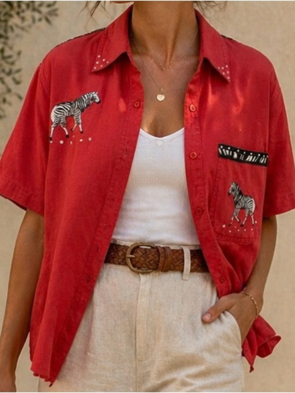 Cabin Creek Embroidered Zebra Red Linen Blend Button Up Shirt 1X artsy bling
